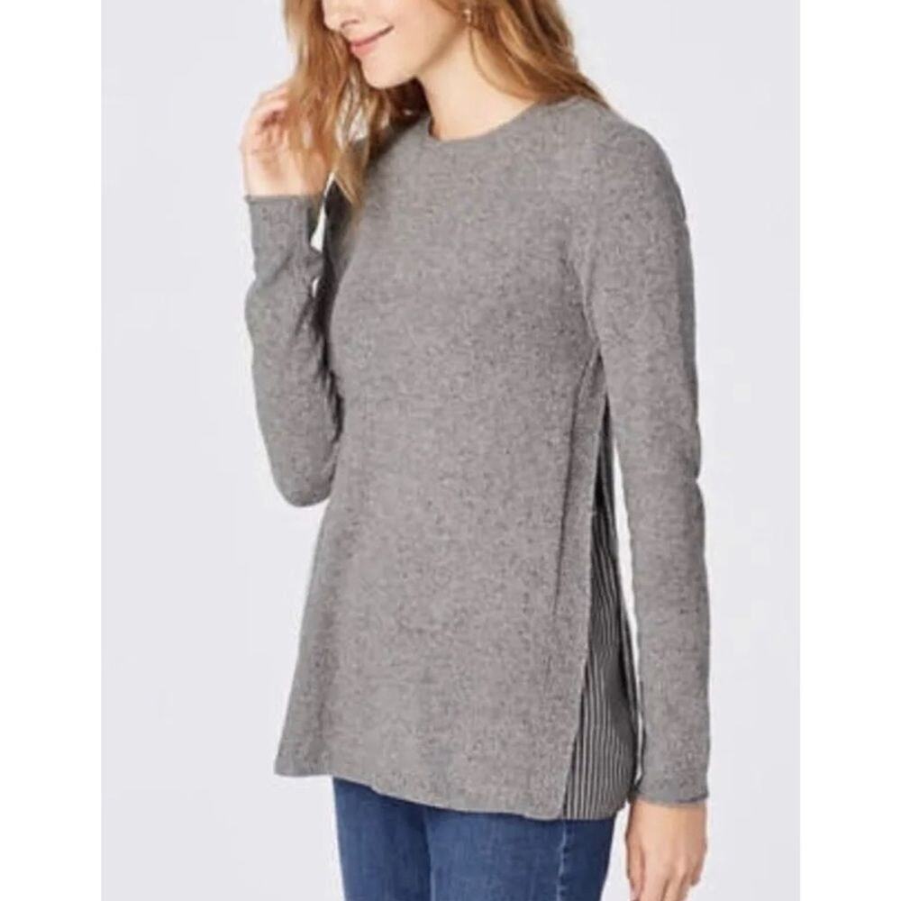 J Jill Sweater Knit Striped Silk Lagenlook Relaxed Preppy Neutral Gray Size 1X